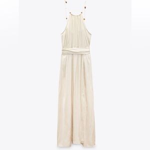Zara Satin effect Cream Pleated Maxi Sundress Halter Neckline